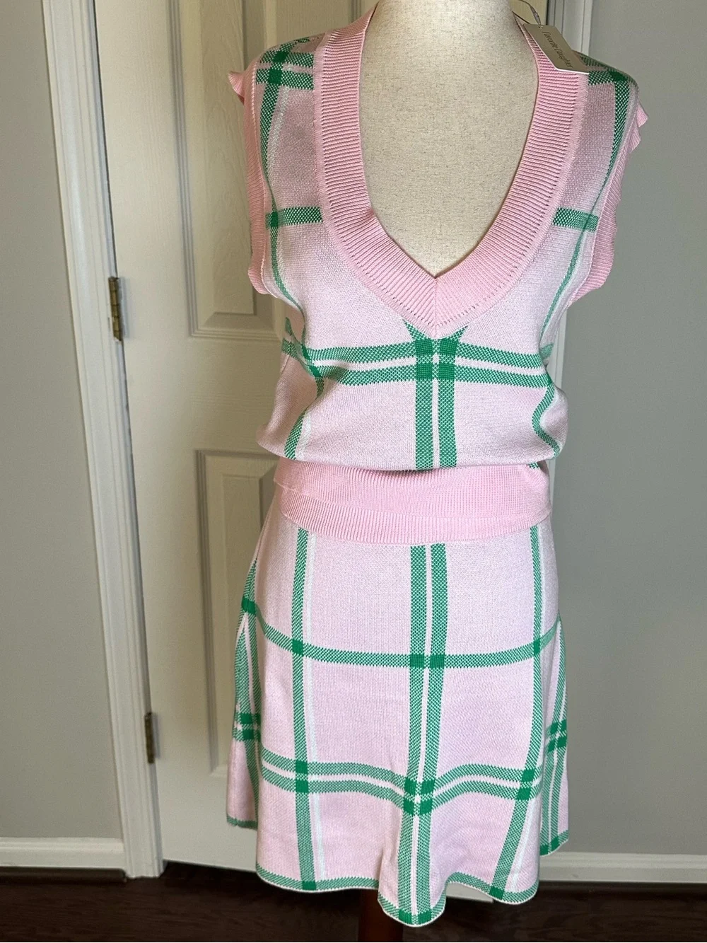Favorite Daughter Pink and Green Plaid Knit Skirt Set New with Tags